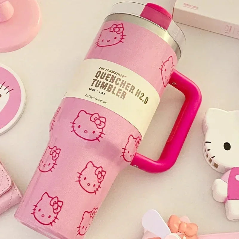 Miniso Hello Kitty 40Oz Stainless Steel Insulated Mug Pink with Handle Straw Mugs Large Capacity Thermos Drinks Coke Coffee Mug