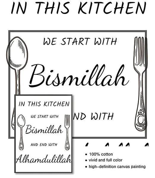 Islamic Bismillah Alhamdulillah Black and White Knife Fork Muslim Canvas Painting Wall Art Poster Kitchen Picture Home Decor