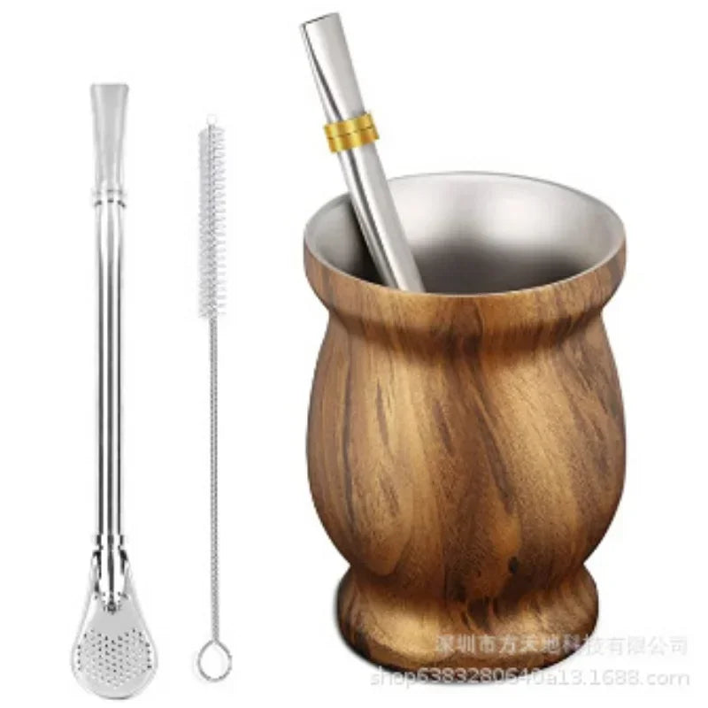 230ML Yerba Mate Cup Set Stainless Steel Includes Double Cleaning Brush Straw