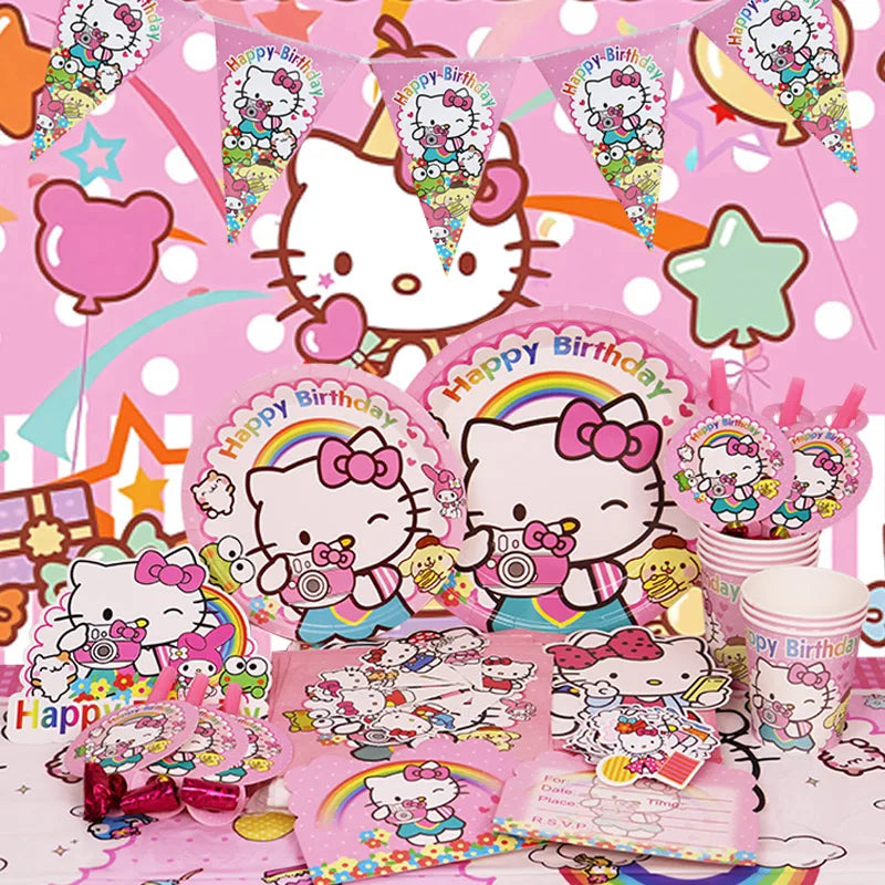 Hello Kitty Birthday Party Decoration Aluminum Foil Balloon For Kid Event Supplies Disposable Tableware Banner Backdrop Gift