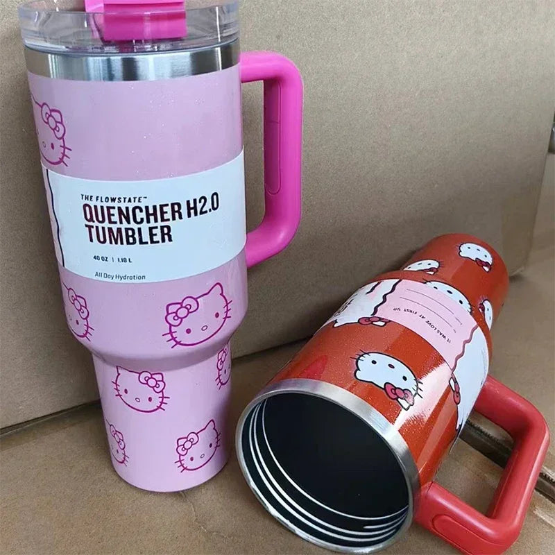 Miniso Hello Kitty 40Oz Stainless Steel Insulated Mug Pink with Handle Straw Mugs Large Capacity Thermos Drinks Coke Coffee Mug