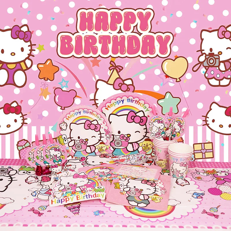 Hello Kitty Birthday Party Decoration Aluminum Foil Balloon For Kid Event Supplies Disposable Tableware Banner Backdrop Gift