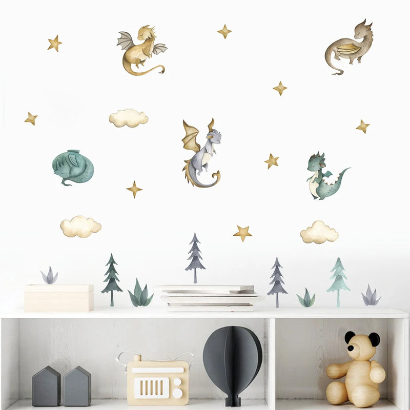 Cartoon Dragon Animals Clouds Stars Watercolor Nursery Wall Sticker Removable Vinyl Wall Decals Mural Boys Kids Room Home Decor