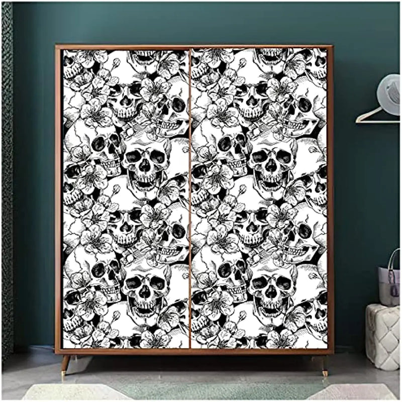 Sugar Skull Floral Peel and Stick Wallpaper Black/White Removable Skull Self Adhesive Wallpaper for Bedroom Accent Wall Decor