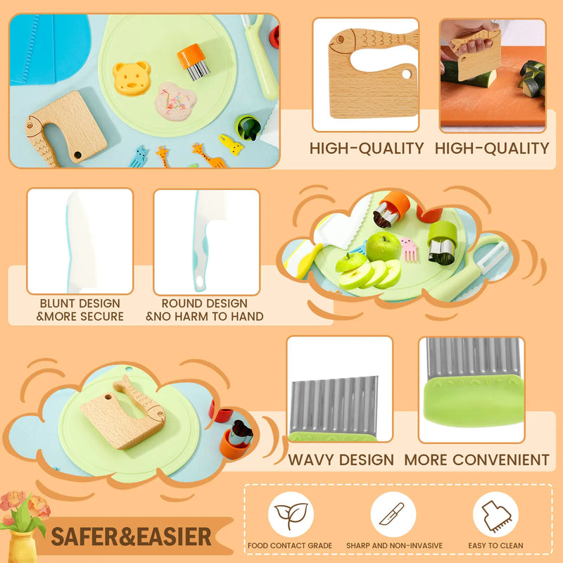 27/7pcs Kids Cooking Cutter Set Toddler Safe Knife Kids Wood Cutter Cooking Plastic Fruit Knives for Cut Fruits Kitchen Peeler