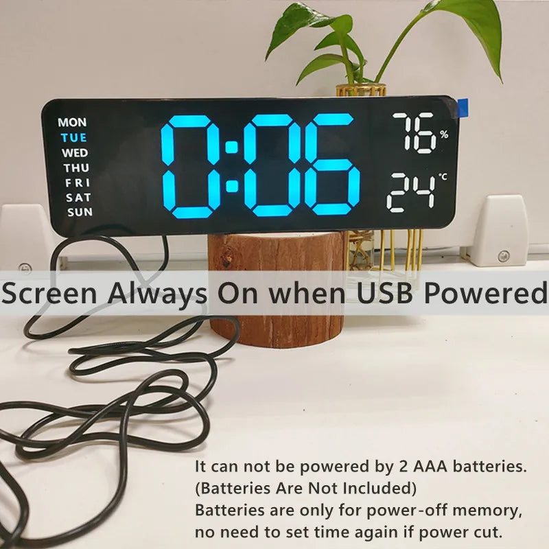 9 Inch Large Digital Wall Clock USB Powered TEMP Humidity Week Auto Dimmer DST Table Clock 12/24H Electronic LED Alarm Clock