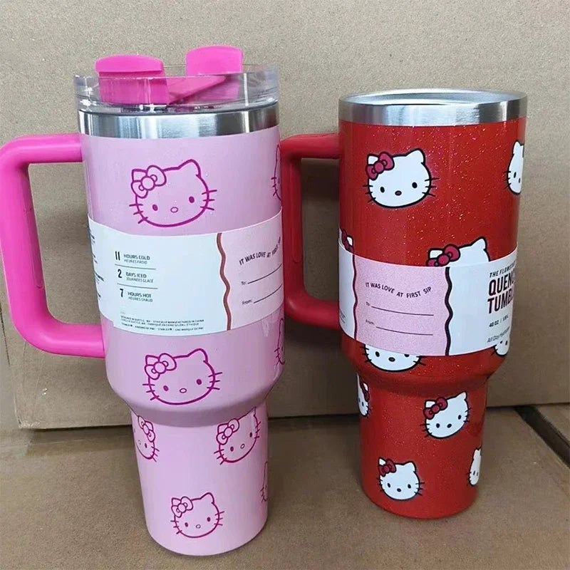 Miniso Hello Kitty 40Oz Stainless Steel Insulated Mug Pink with Handle Straw Mugs Large Capacity Thermos Drinks Coke Coffee Mug