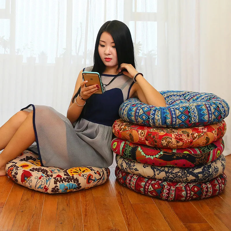 Thickened Round Cushion Cotton Linen Futon Bay Window Mat Tatami Cushion Ethnic Fabric Worship Mat Teahouse Yoga Floor Cushion