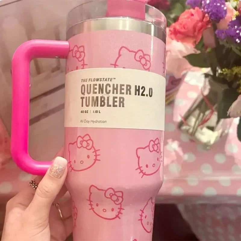 Miniso Hello Kitty 40Oz Stainless Steel Insulated Mug Pink with Handle Straw Mugs Large Capacity Thermos Drinks Coke Coffee Mug