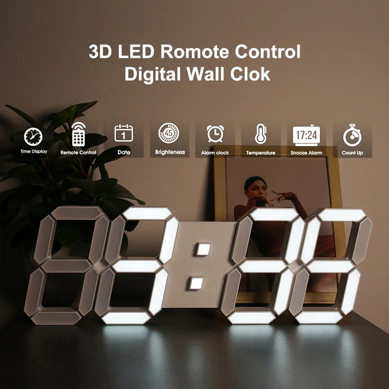 3D LED Wall Clock Large Digital Wall Clock With Remote Control Alarm Clock Time/Date/Temp Display Wall&Table Clock Modern Design